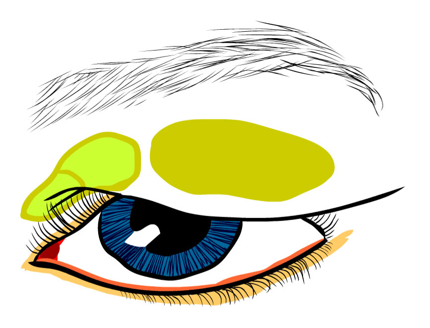 Umístění ložisek tuků horních víček